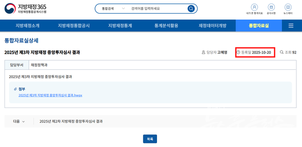 ’25년 제3차 지방재정 중앙투자심사 결과. (자료=행정안전부 지방재정통합공개시스템)