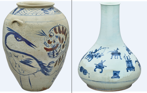 (좌측부터) 백자청화철화까치호랑이문항아리, 백자청화기명절지무늬병(사진=서울역사박물관)/뉴스후플러스